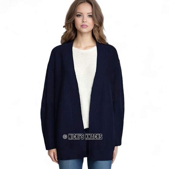 Faith & Zoe Navy Blue Open Front Mesh Panel Knit Cardigan Sweater Size L - Picture 10 of 11